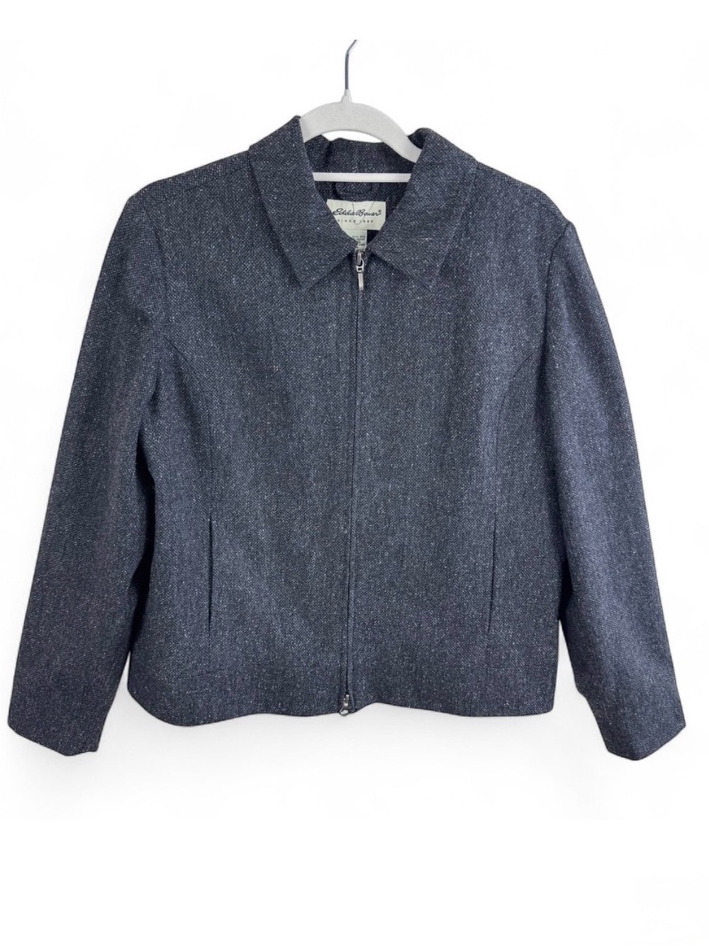 Eddie Bauer Womens Large Wool Silk Blend Tweed Full Zip Jacket Charcoal Grey L